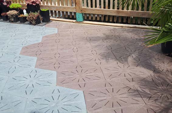 Walkway laid in mixed gray and brown slabs